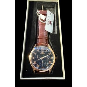 OLEVS Men's Luxury Chronograph Quartz Watch Rose Gold Case Brown Leather Strap